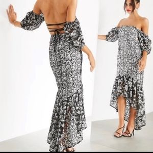 ASOS DESIGN lace open/lace up back midi dress puff sleeve